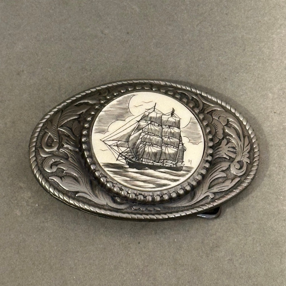 Vintage Admiral Scrimshaw Ship Belt Buckle Silver Tone Nautical Tall Ship Oval